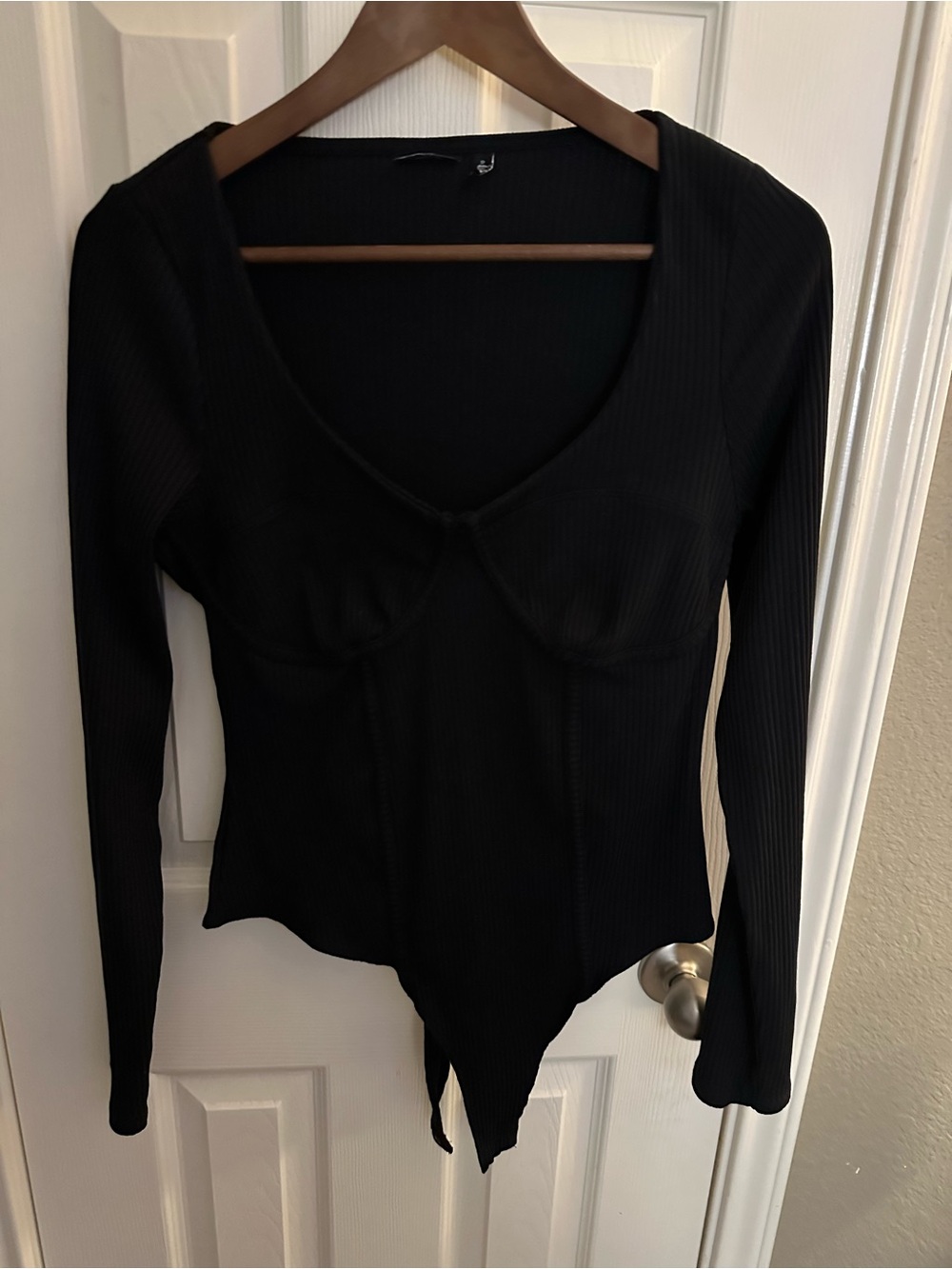 Woman’s ASOS Black Ribbed Long-Sleeve V-Neck Bodysuit